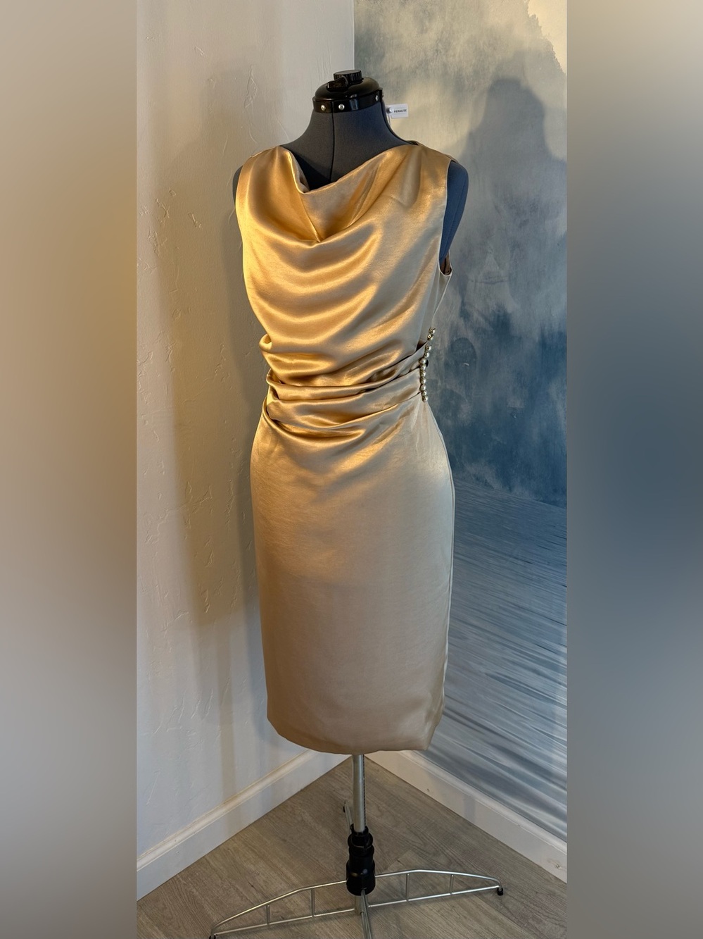 Satin Cowl Neck Midi Dress in Gold #420
